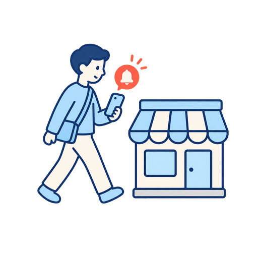 お店の近くでスマホに通知が届くイラスト