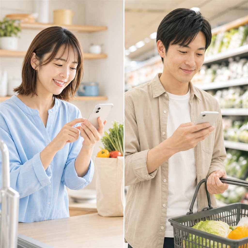 家で買い物メモを追加する妻と、お店でリストを確認する夫