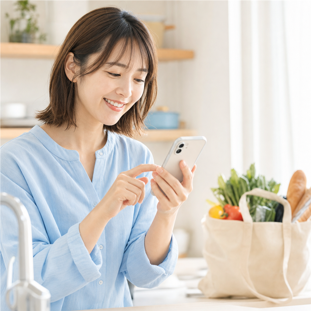 キッチンでスマホにさっと入力する女性