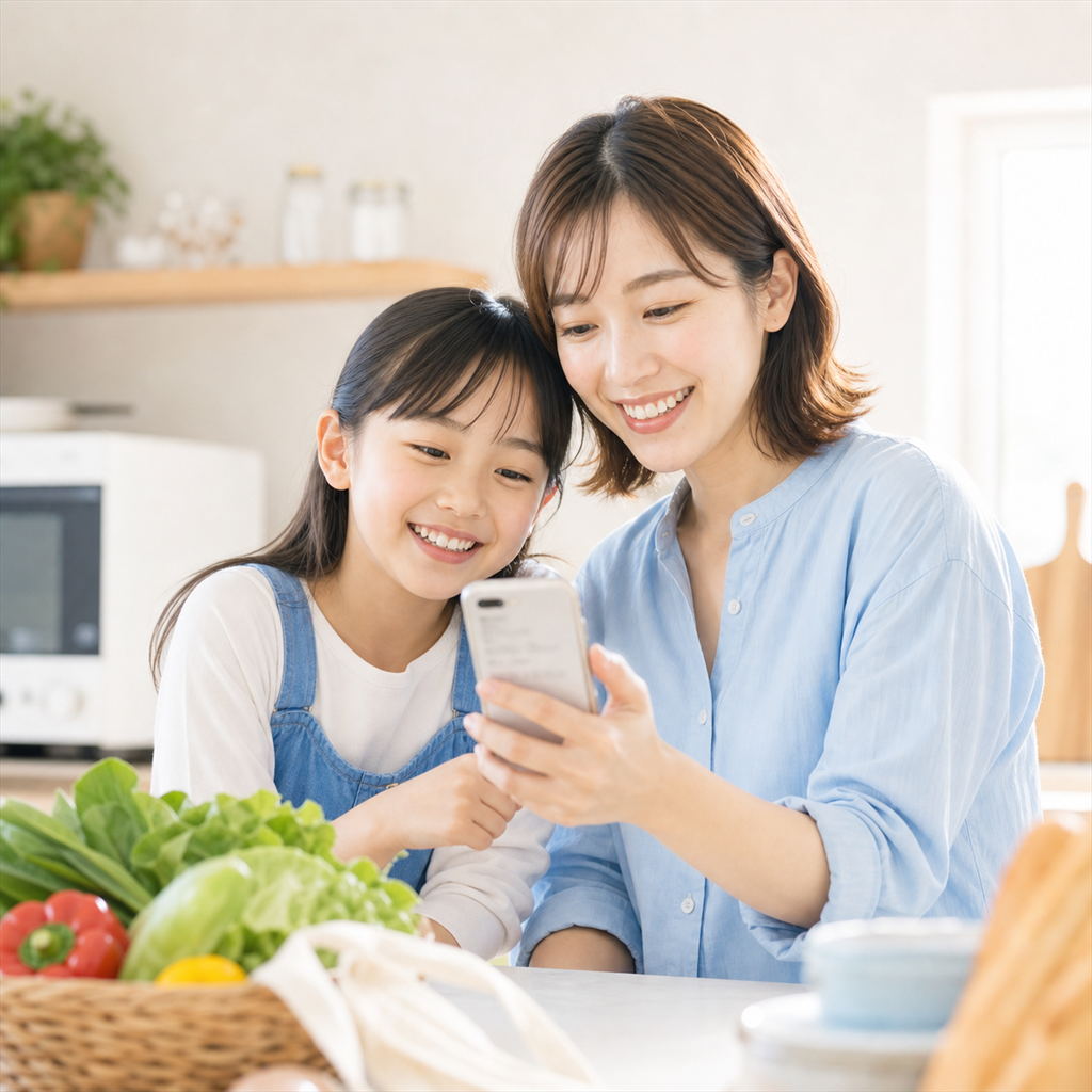 母と子が一緒にスマホの買い物リストを見ている様子